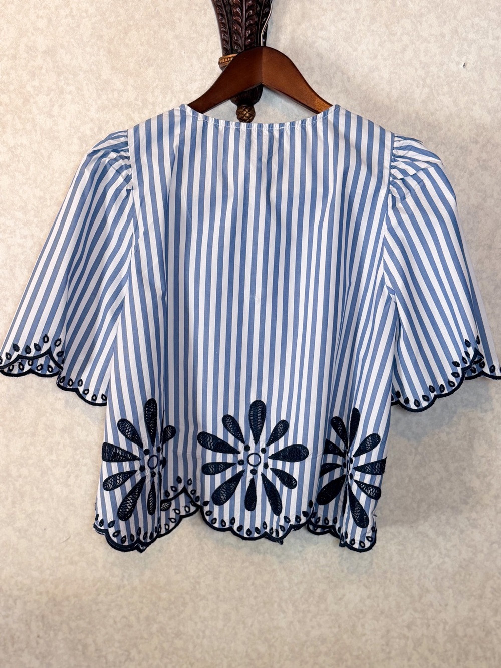 LOFT Blue and White Striped Embroidered Flutter-Sleeve Blouse - Picture 5 of 8